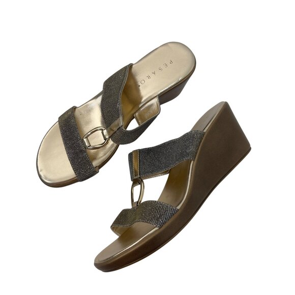Pesaro Women Gold Wedge Sandals Double Sparkly Strap Design Ring Accent Size 11 - Picture 1 of 15